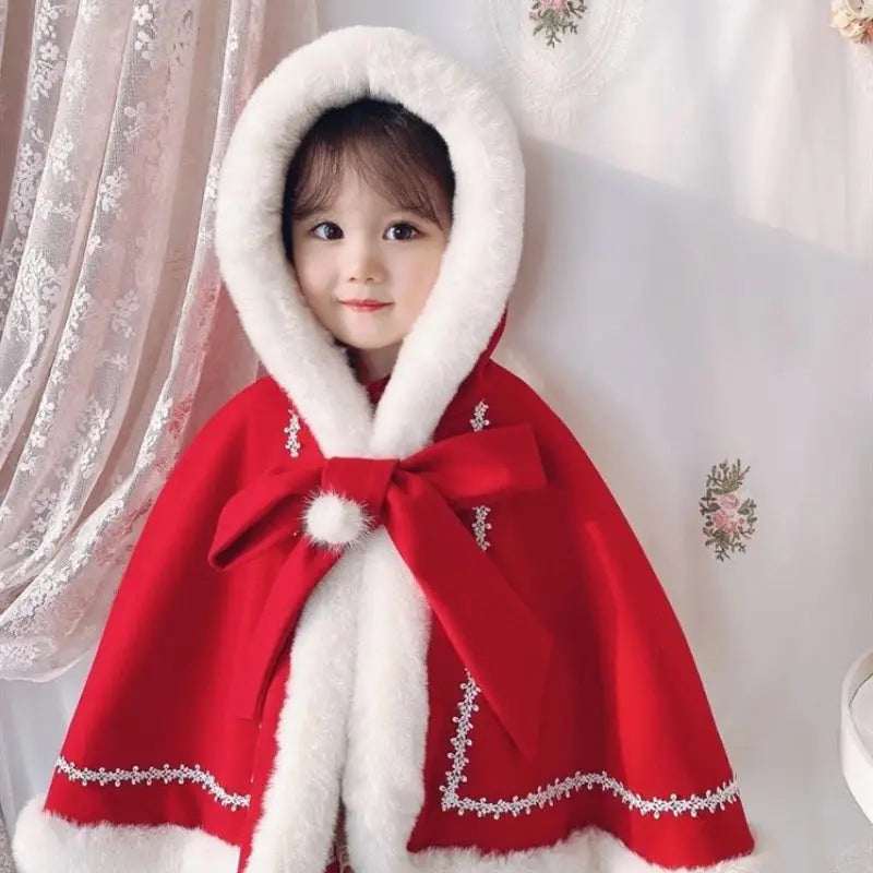 Thickened Kids’ Overcoat Fleece-lined Shawl Fur Collar Christmas Cape - Kids Christmas clothes