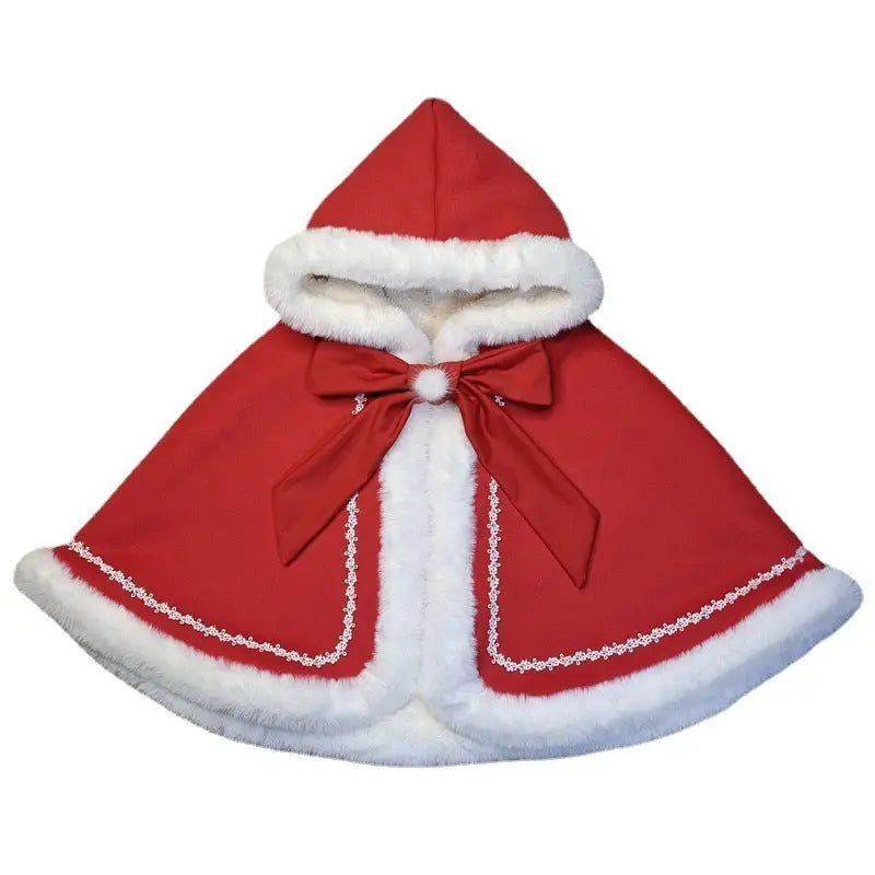 Thickened Kids’ Overcoat Fleece-lined Shawl Fur Collar Christmas Cape - Red / 100 - Kids Christmas clothes