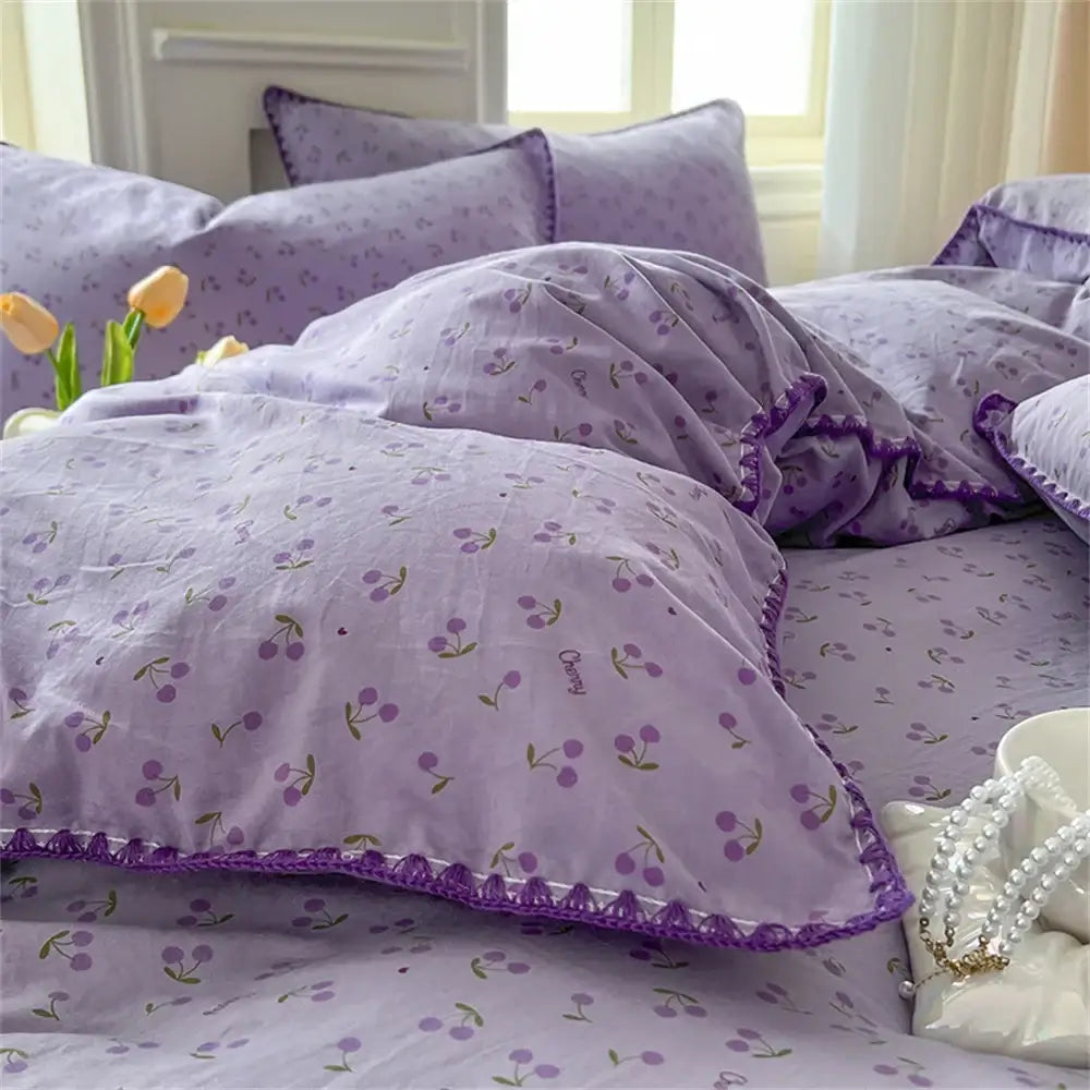 Washed Cotton Duvet Cover Purple Cherry Bed Sheet Pillowcase for Adults and Kids Home Textiles Four-piece Bedding Set