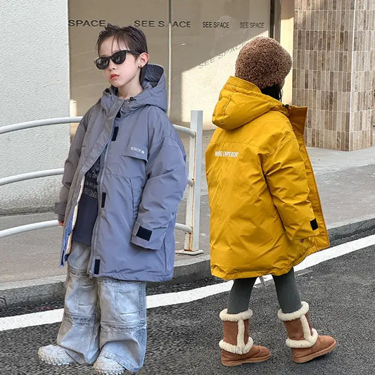 Winter Children Girl Thicken Down Jacket Velcro Design Hooded Kid Boys Outdoor Coat Loose Warm Letter Printed 4-12Y