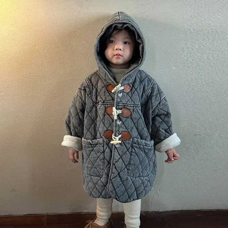 Winter Childrens Boys Denim Cotton Jacket Thickened Fleece Warm Baby Boys Parkas Horn Button Hooded Kids Boys