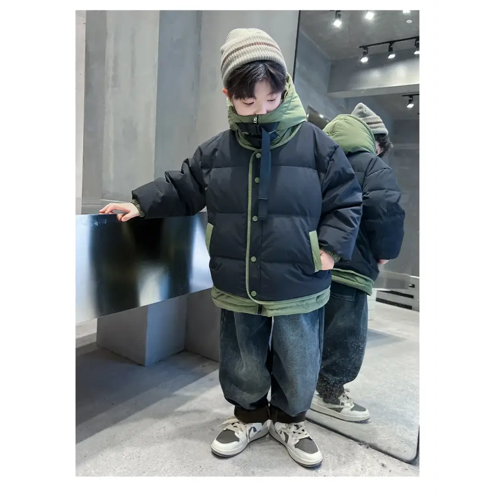 Winter Warm Boys Contrast Patchwork Cotton Lined Hooded Zip Jackets School Kids Thick Coats Children Outfits