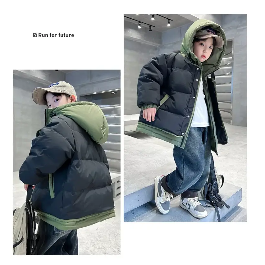 Winter Warm Boys Contrast Patchwork Cotton Lined Hooded Zip Jackets School Kids Thick Coats Children Outfits