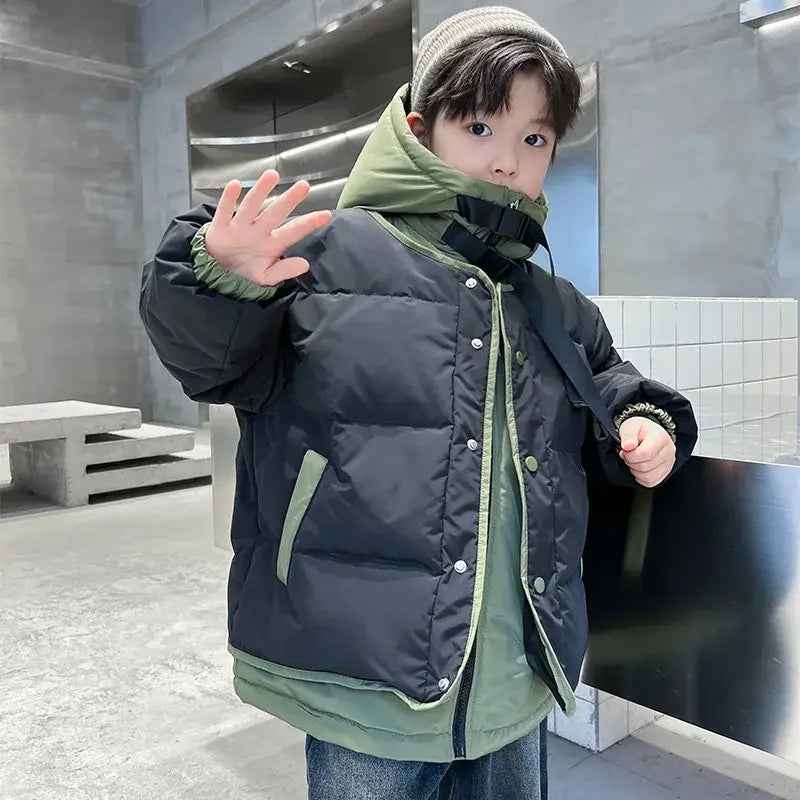 Winter Warm Boys Contrast Patchwork Cotton Lined Hooded Zip Jackets School Kids Thick Coats Children Outfits