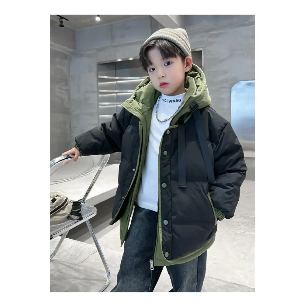 Winter Warm Boys Contrast Patchwork Cotton Lined Hooded Zip Jackets School Kids Thick Coats Children Outfits