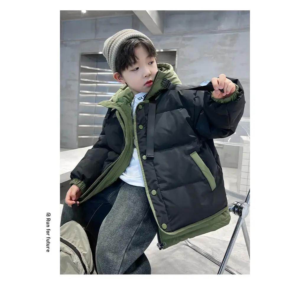 Winter Warm Boys Contrast Patchwork Cotton Lined Hooded Zip Jackets School Kids Thick Coats Children Outfits