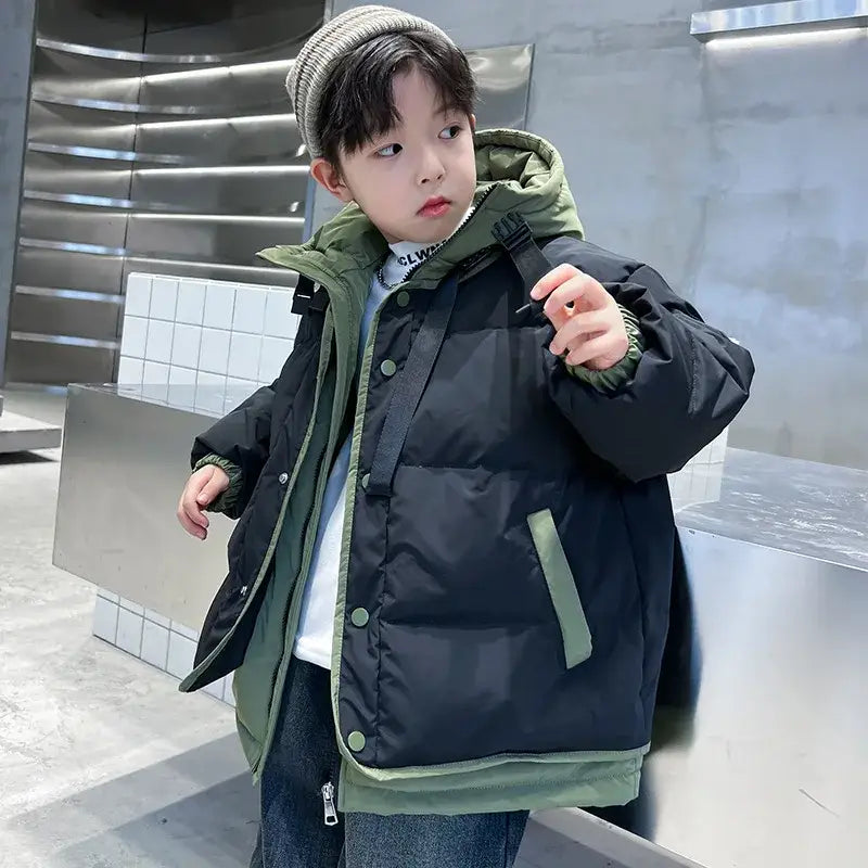 Winter Warm Boys Contrast Patchwork Cotton Lined Hooded Zip Jackets School Kids Thick Coats Children Outfits