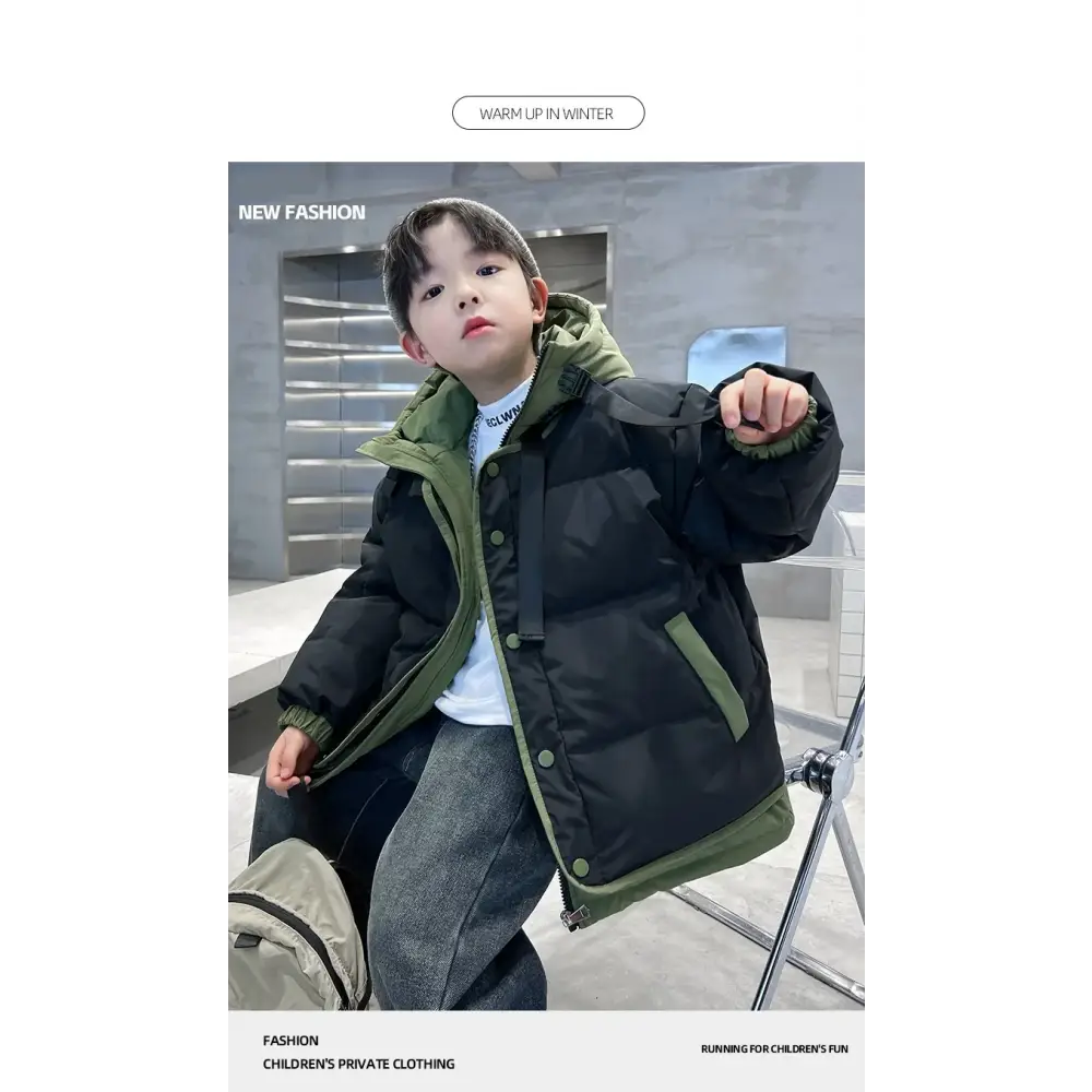 Winter Warm Boys Contrast Patchwork Cotton Lined Hooded Zip Jackets School Kids Thick Coats Children Outfits