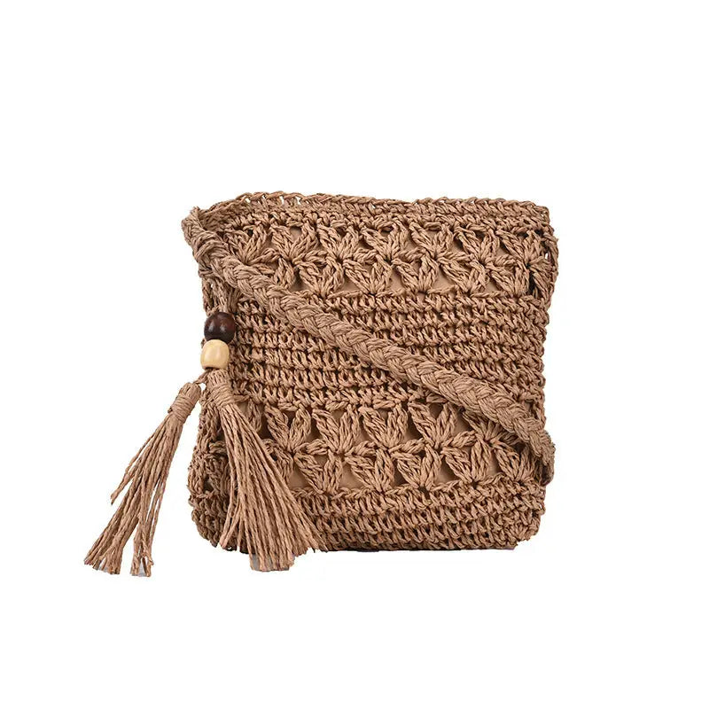 Women Fashion Straw Handmade Woven Summer Vacation Beach Small Crossbody Bags - Khaki / Square